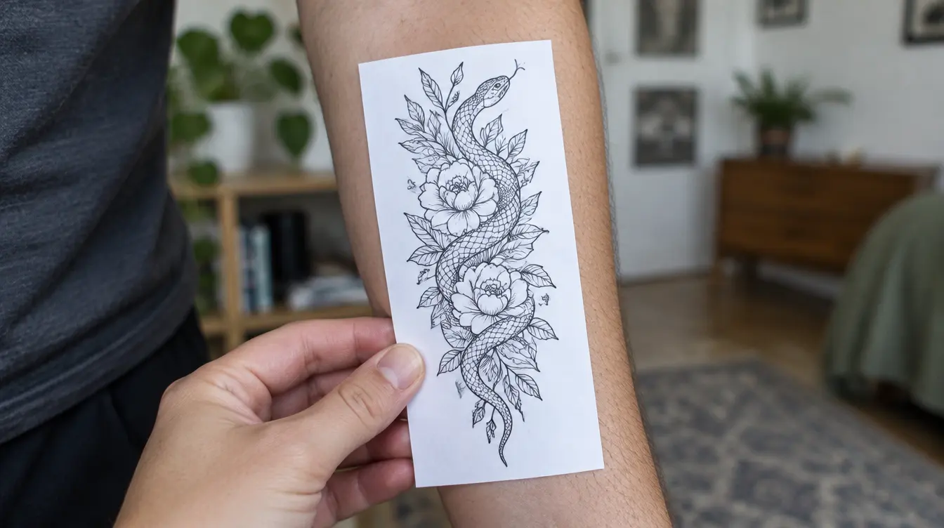 A close-up of a wrist with a tiny fine line flower and a ruler beside it – the best way to see just how narrow the design’s inner gaps really are.