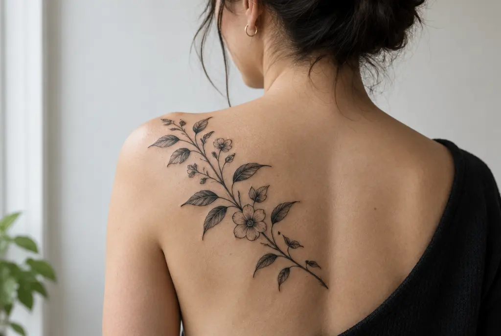 A healed piece across the shoulder blade: a large, flat, mostly covered surface where lines can stay crisp for decades.