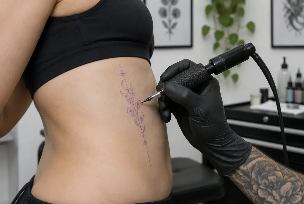An artist’s hand holding a single-needle machine above a stencil on the ribs. In fine line work, needle depth and the spacing between lines are the decisions that matter most.