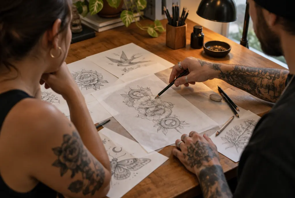 A consultation at the drawing table: the best first tattoos begin with an honest conversation.