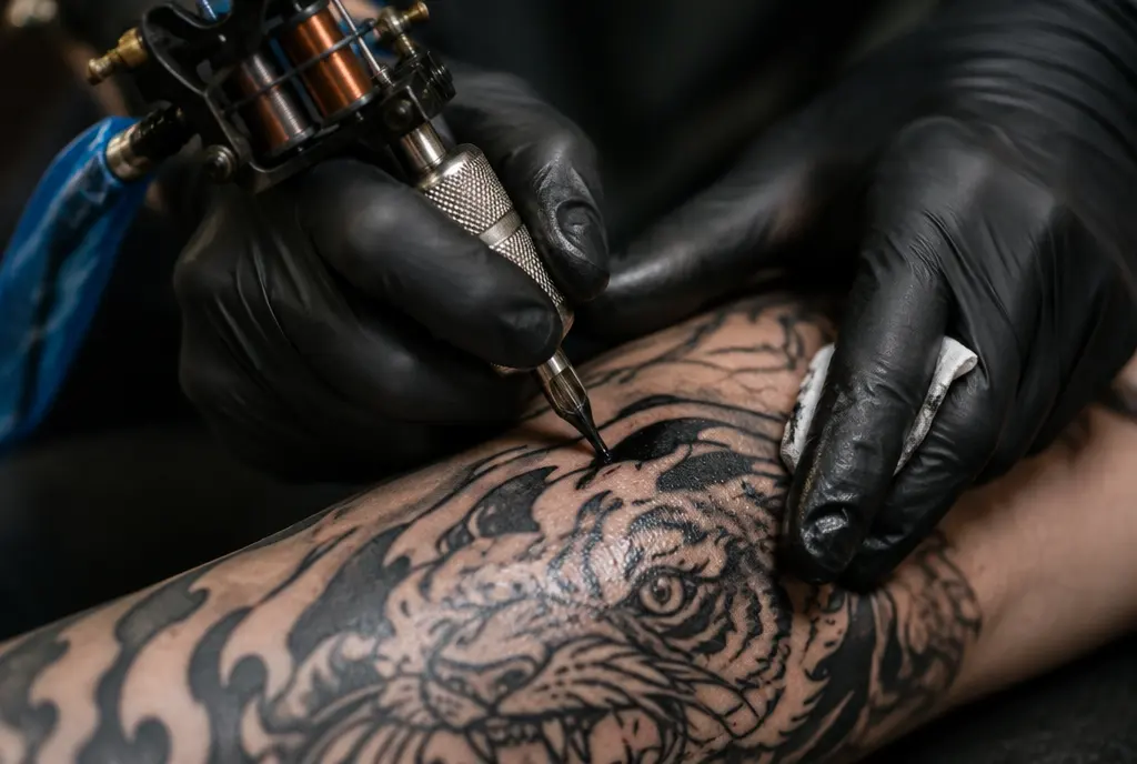 An artist’s hands at work, pulling a bold black outline. Needle depth and line weight decide how the design will age for decades to come.