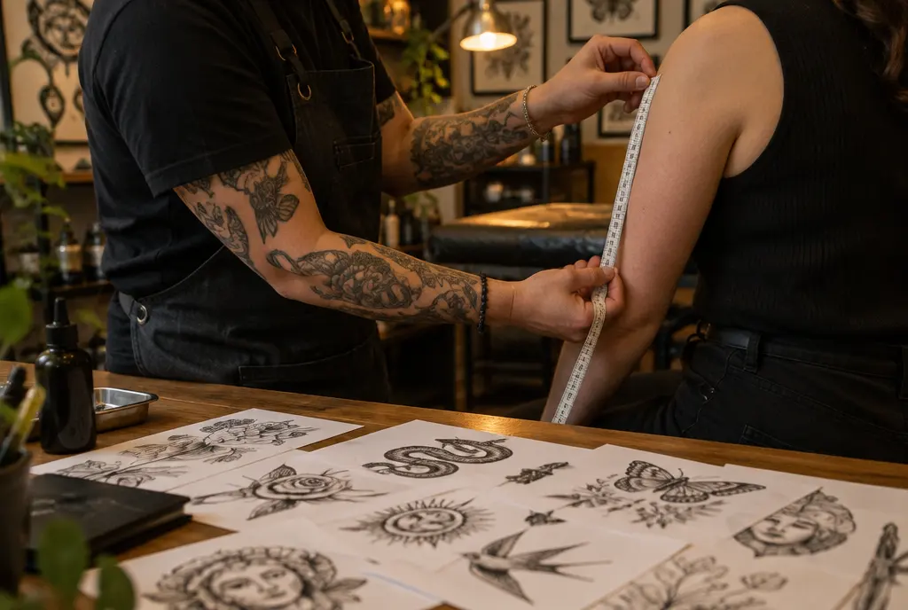 A consultation at the studio: the artist measures the client’s upper arm with a tape measure, printed designs spread across the table.
