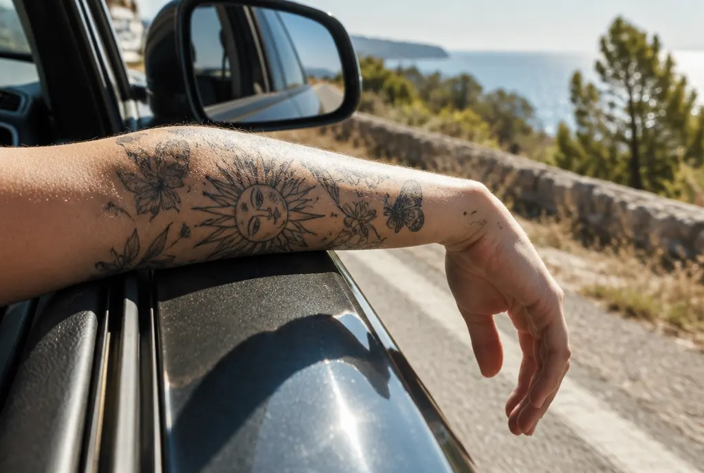 A tattooed forearm in afternoon sunlight. Designs that see regular sun fade fastest, which makes sunscreen the most important habit here.