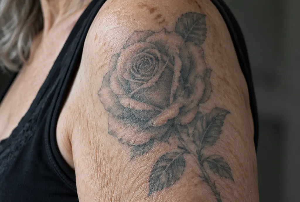 Zhruba čtyřicetiletá růže na tenčí, papírovité kůži. Kontura ji pořád nese; jemné stínování se většinou rozpustilo do tónu.